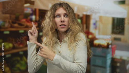 Photography Scene of a woman raising her finger while pointing to items in a busy market where a blonde young newcomer looked surprised near the fruit stall to inspect the produce