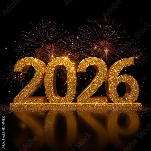 Happy New Year 2026 celebration with a golden 3D number sign illustration for a holiday calendar date