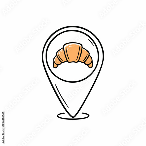 Drawn croissant icon in doodle style. Bakery shop location mark point design for pastry packaging or french breakfast concept. Vector illustration