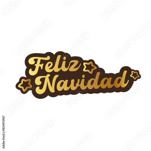 Feliz Navidad Merry Christmas in Spanish quote golden sticker vector design, creative holiday typography, modern festive graphic art for cards, invitations, social media banners, and decorations.