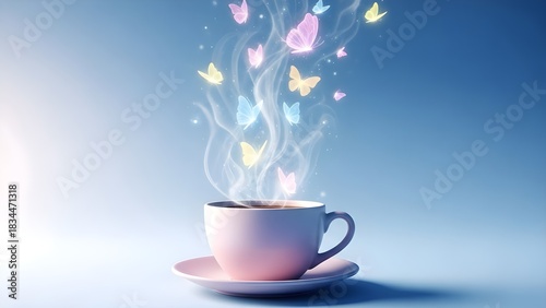 Conceptual illustration of pastel colored teacup releasing delicate glowing butterflies flying upwards with fragrant steam on soft gradient