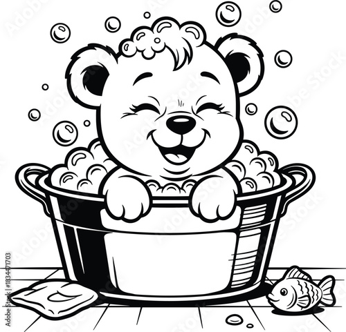 Adorable cartoon bear cub joyfully bathing in a bubbly tub