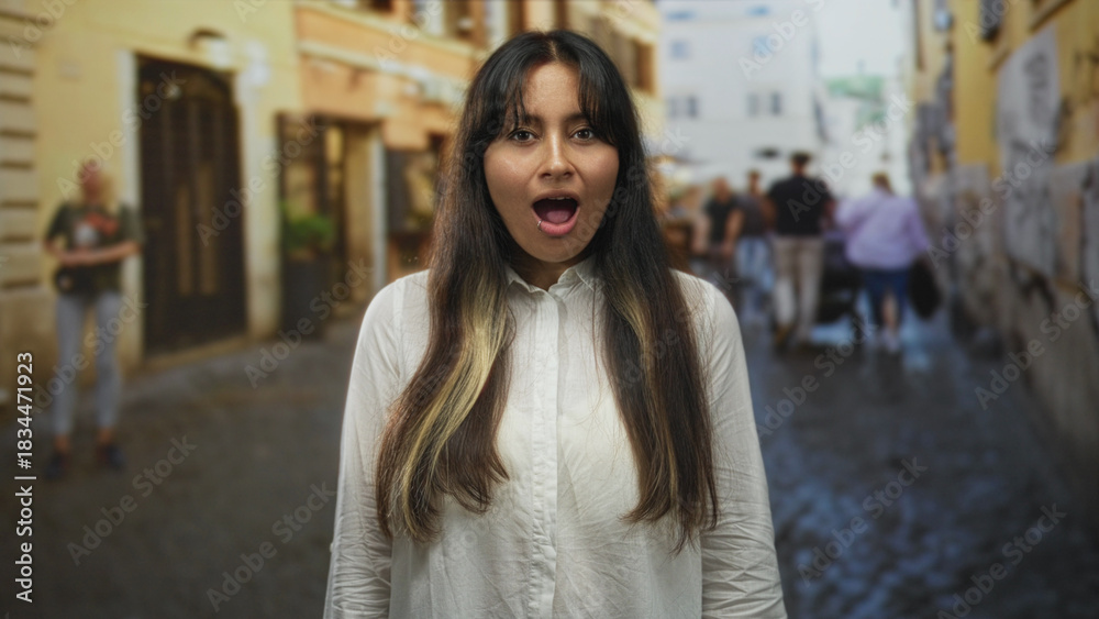 Obraz premium Hispanic woman gasping with mouth open on a narrow cobblestone street, long brunette hair and white shirt visible; surprise discovery.