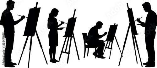 Art class, silhouette, painting, drawing, creativity, easel posture, black vector, studio session, artistic focus - flavector