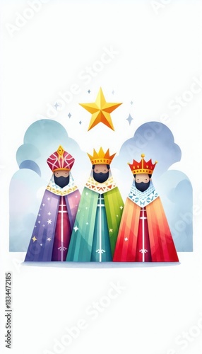 Watercolor illustration of three kings with crowns beneath a shining star and cloudy background