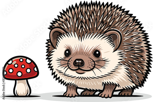 Adorable cartoon hedgehog and a red spotted mushroom on a white background