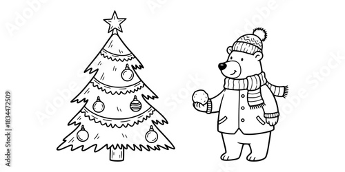 Cartoon bear holding snowball next to decorated Christmas tree, monochrome isolated vector image on a transparent background, pencil drawing
  
