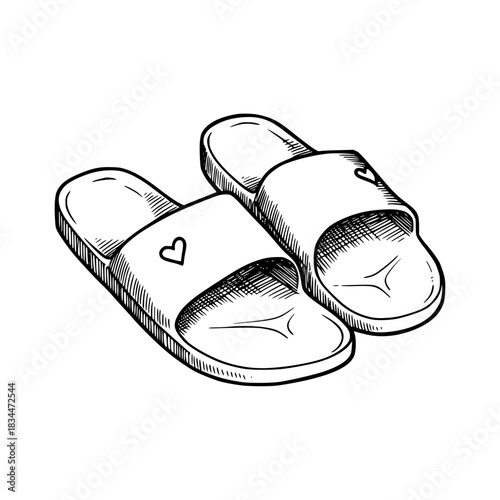 White slide sandals with heart design, monochrome isolated vector image on a transparent background, pencil drawing
