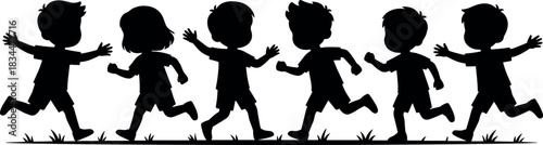 Children running silhouette, outdoor play, grassy ground, black illustration, youth energy, motion, childhood activity – flavector