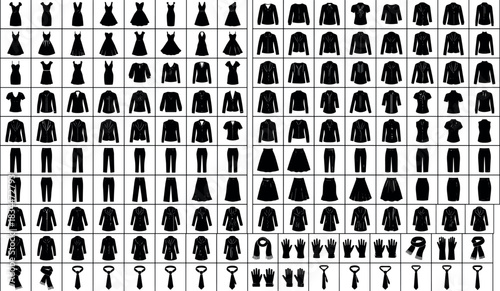 Clothing item silhouettes, fashion grid, dresses, jackets, pants, accessories, black icons, style reference – flavector