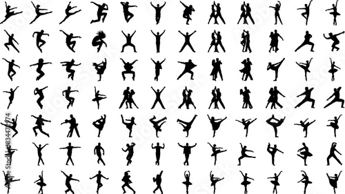 Dance silhouette grid, dynamic poses, solo and partner moves, black illustration, motion, expression, choreography, art – flavector