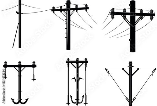 flavector silhouette set of realistic and conceptual utility poles for infrastructure and creative design