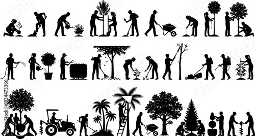 Gardening, landscaping, planting, pruning, mowing, silhouette, outdoor work, horticulture, black vector, garden care - flavector