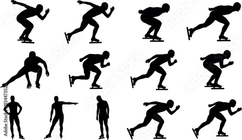 Ice skating silhouette collection, dynamic poses, gliding, sprinting, turning, crouching, black illustration, winter sport motion – flavector