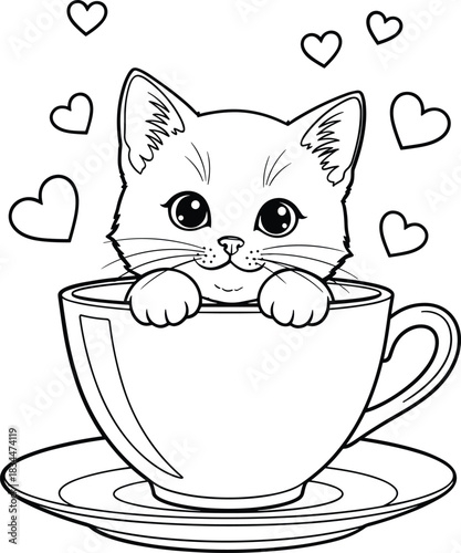Adorable kitten peeking out of a coffee cup surrounded by hearts