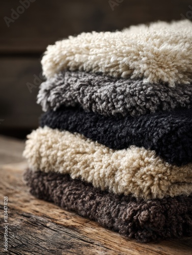 Plush Towels Stacked Neatly in Warm, Earthy Tones on a Rustic Wooden Surface