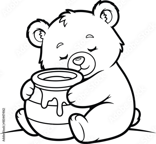 Adorable line art teddy bear hugging a honey pot with dripping honey