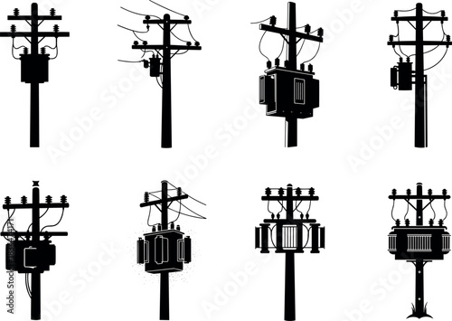 Nine utility pole silhouettes with transformers, insulators, and wires – electrical infrastructure diversity – flavector