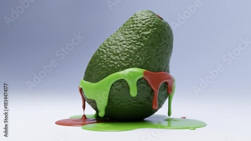 Melting avocado with vibrant green and brown liquid drips, a surreal 3D animation food concept