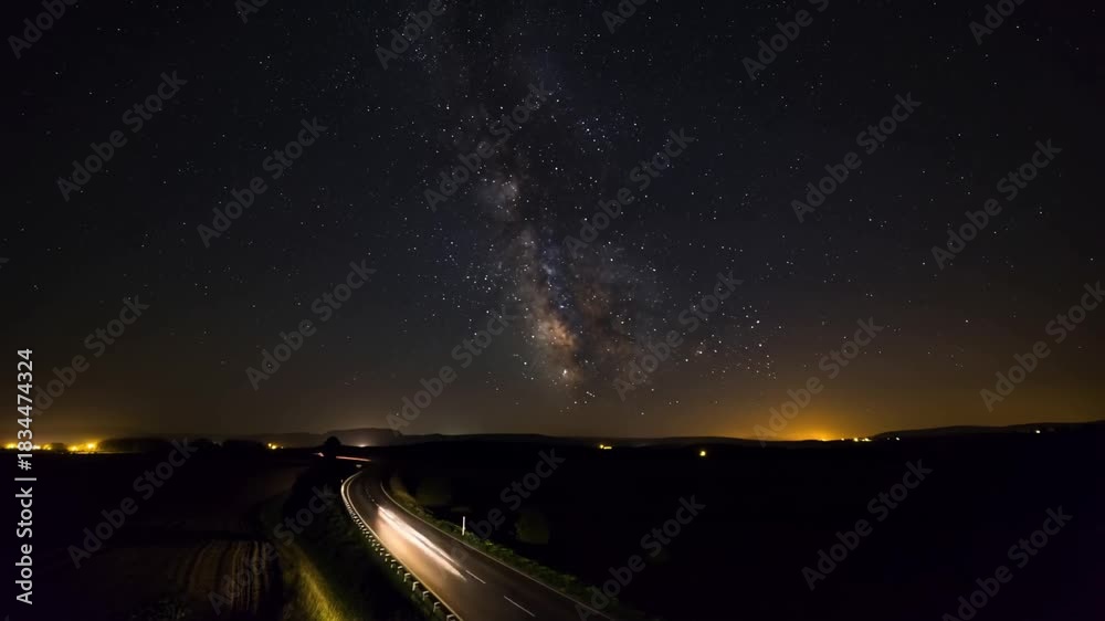 The Milky Way galaxy stretches across the night sky above a road with ...