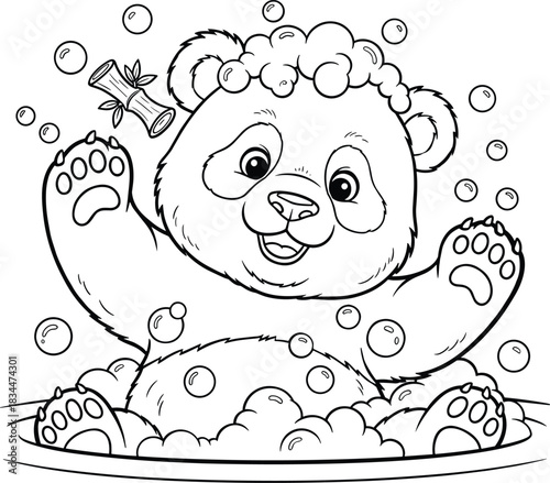 Adorable panda cub joyfully takes a bubbly bath with a bamboo scroll