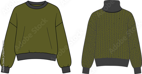 Olive green sweater illustration, pullover and turtleneck knitwear fashion design, casual winter clothing apparel, flat vector