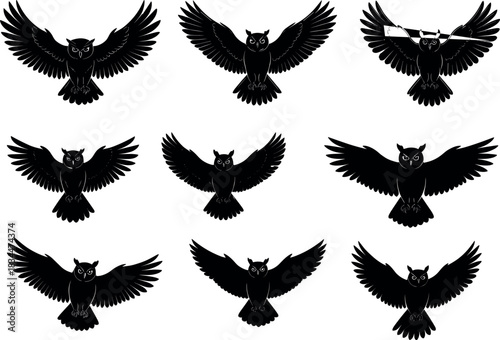 Owl silhouettes in flight poses, scroll symbolism, wing dynamics, black bird grid layout - flavector