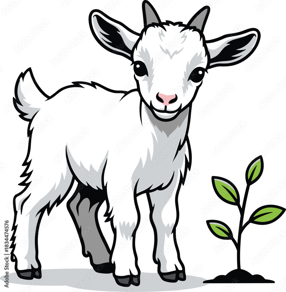 Obraz premium Adorable white baby goat standing next to a small green plant