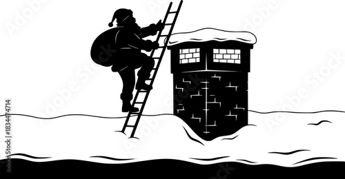 Black silhouette of Santa climbing ladder to chimney on snowy roof
