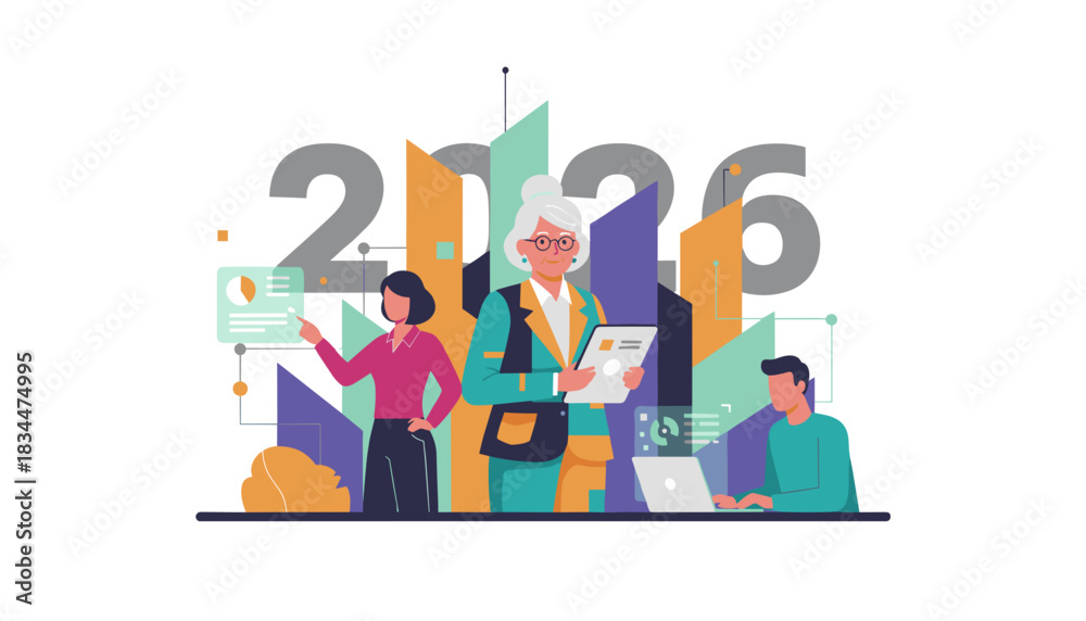 Obraz premium Diverse business team plans future success and strategy for 2026 using data visualization