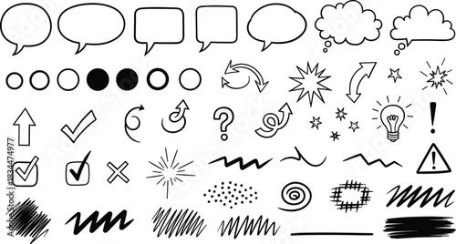 Collection of hand drawn doodle icons and symbols for communication and ideas