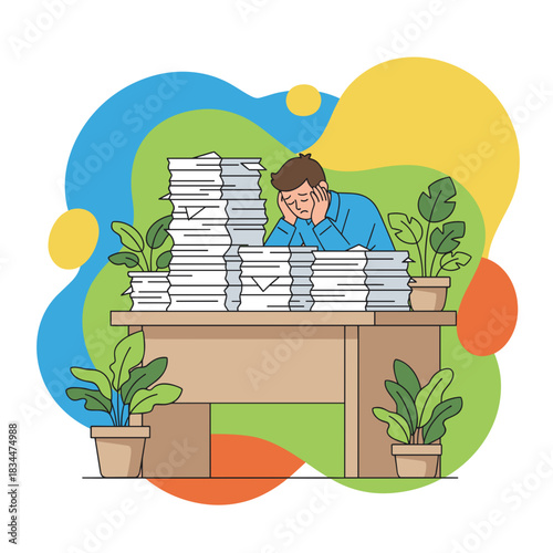 Stressed worker buried under massive paperwork pile burnout and office overload concept