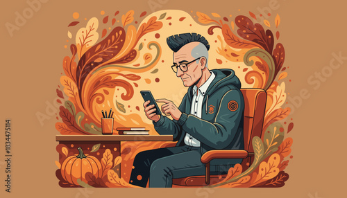 Stylish senior man uses phone at desk in stylized autumn setting