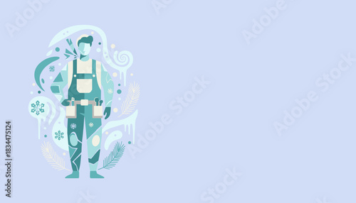 Winter service technician illustration with tool belt ice and snowflakes