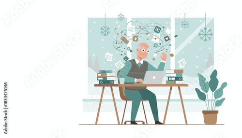 Senior man suffering from information overload and work stress in his winter office
