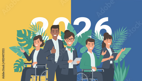 Smiling diverse business team with wheelchairs celebrating 2026 Inclusion and success concept