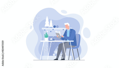 Senior man works on tablet by a fireplace decorated for winter holidays illustrating remote business connection