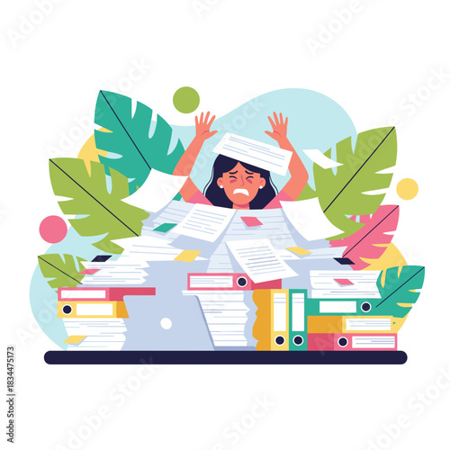 Stressed worker overwhelmed by a massive workload drowning in piles of office paperwork and documents