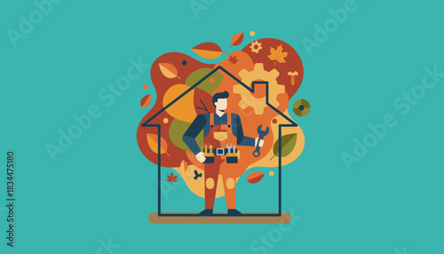 Technician performs autumn home maintenance and seasonal repair services