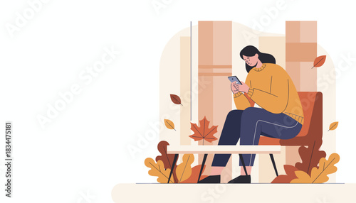 Woman using smartphone sitting indoors among autumn leaves Digital communication flat vector