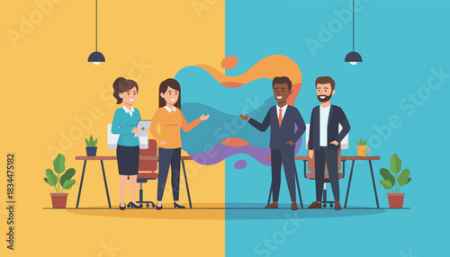 Business collaboration and teamwork Diverse professionals meet in a modern colorful office