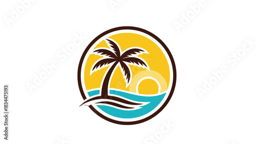 A stylized tropical beach scene with a palm tree, ocean waves, and a setting sun.