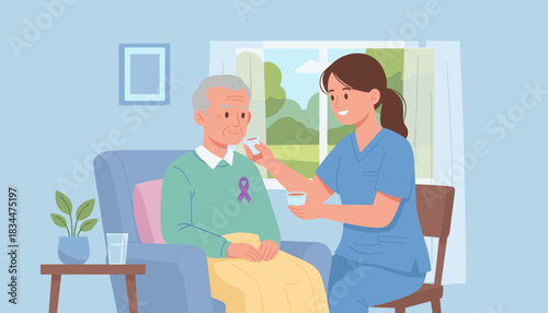 Professional caregiver assists senior patient with medication in a comfortable setting