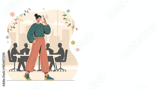 Confident businesswoman on mobile call in an office decorated for winter holidays