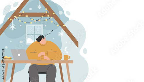 A man sleeps while working from home in a cozy winter attic office decorated with lights and snowflakes