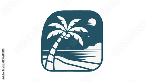 Stylized minimalist illustration of a tropical beach with a palm tree, ocean, and sun in a rounded badge.
