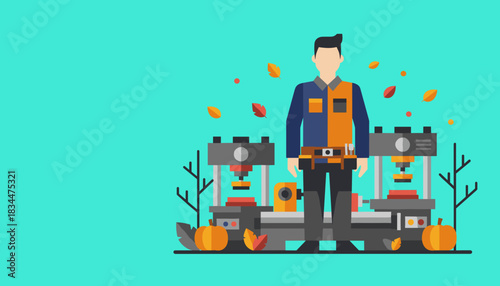 Industrial worker illustration with machines and fall elements Autumn factory concept