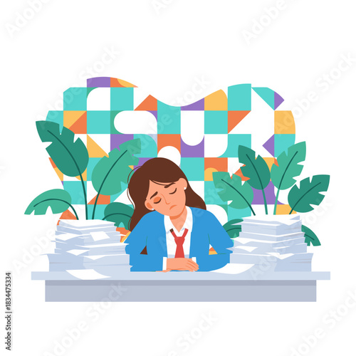 Stressed businesswoman overwhelmed by paperwork sleeping at her desk symbolizing burnout and workload