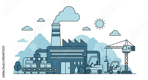 Industrial factory complex with smokestack conveyor belt logistics vehicles and crane Production concept