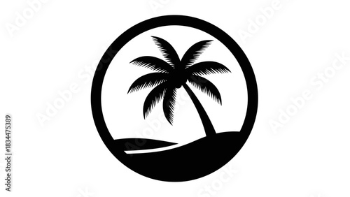 Black and white circular logo featuring a palm tree on a sandy beach, inside a circle.